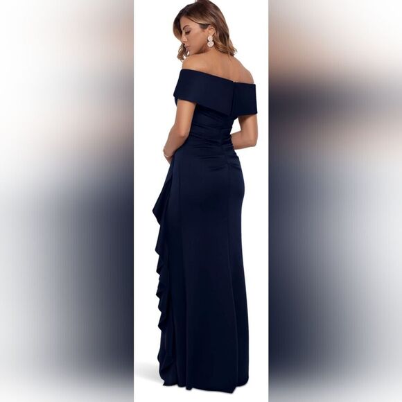 Xscape Long Scuba Off-The-Shoulder Ruffle Dress NWOT size 12 Navy Blue - Picture 2 of 5